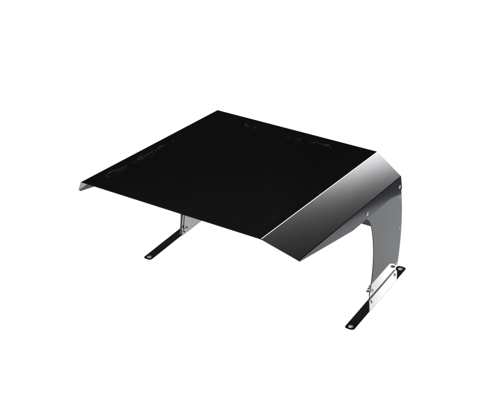 Black metal mower robot cover MowerShield with a modern, angular design, compatible with multiple brands, shown from different angles on a white background.